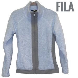 FILA SPORT Women’s Sherpa Fleece Plush Full Zip Jacket Blue with Gray Trim EUC L